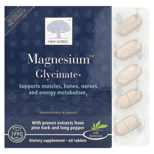 Основне фото товара New Nordic, Magnesium Glycinate+, Гліцинат магнію, 60 таблеток