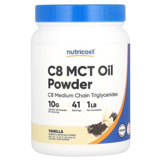 Основне фото товара Nutricost, C8 MCT Oil Powder Vanilla, МСТ Тригліцериди, 454 г