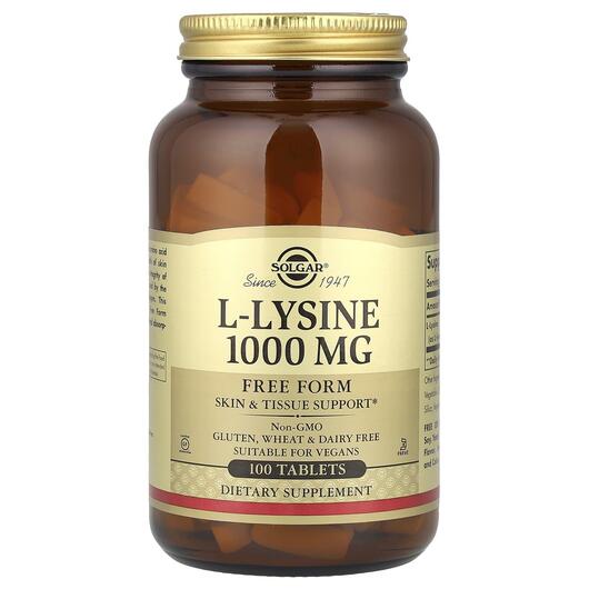 Основне фото товара Solgar, L-Lysine Free Form 1000 mg, L-Лізин 1000 мг, 100 таблеток