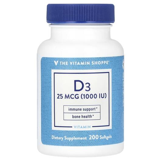 Основне фото товара Vitamin D3 25 mcg 1000 IU, Вітамін D3 Холекальциферол, 200 капсул