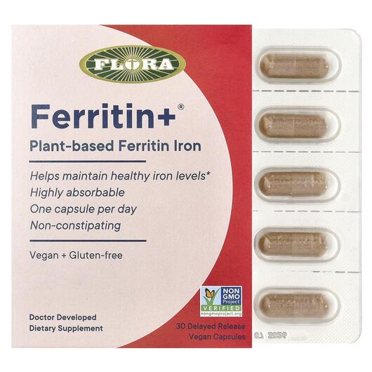 Основне фото товара Flora, Ferritin+ Plant-Based, Залізо, 30 капсул