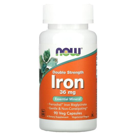 Основне фото товара NOW, Double Strength Iron 36 mg, Залізо 36 мг, 90 капсул