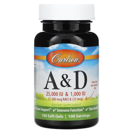 Основне фото товара Carlson, Vitamin A & D, Вітамін А Ретінол, 100 капсул