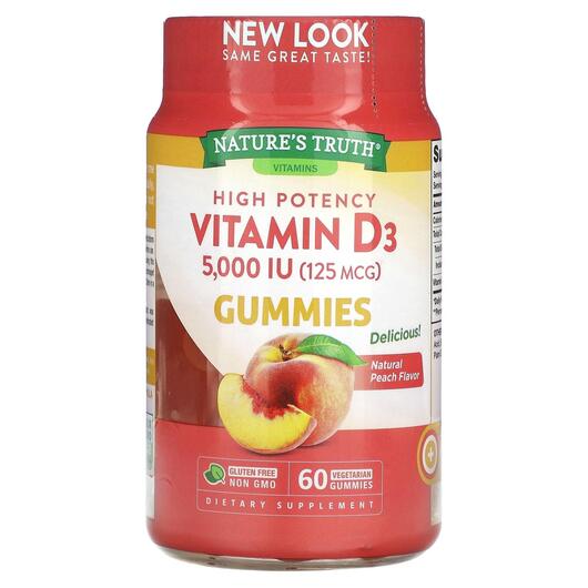 Основне фото товара Vitamin D3 High Potency Natural Peach 5000, ПЕА, 60 Vegetarian Gu
