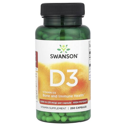 Основне фото товара Swanson, D3 1000 IU 25 mcg, Вітамін D3, 250 капсул