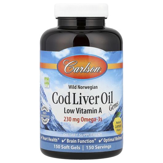 Основне фото товара Cod Liver Oil Gems Low Vitamin A, Олія печінки тріски, 150 капсул