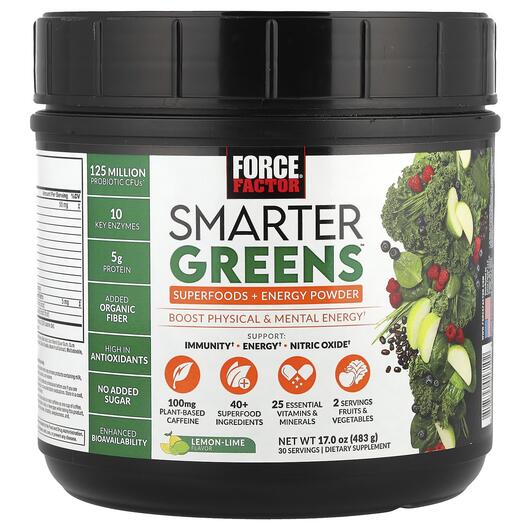 Основне фото товара Force Factor, Smarter Greens Superfoods + Energy, Суперфуд, 436 г