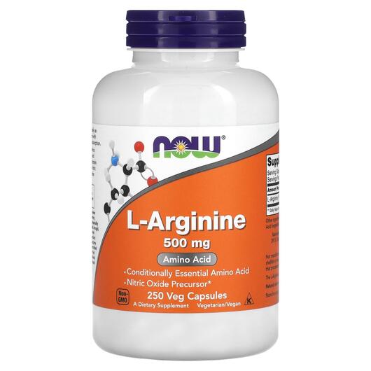Основне фото товара NOW, L-Arginine 500 mg, L аргінін 500 мг, 250 капсул