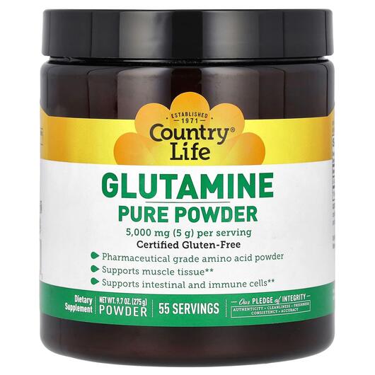 Основне фото товара Country Life, Glutamine Pure Powder, L-Глутамін 5000 мг, 275 г