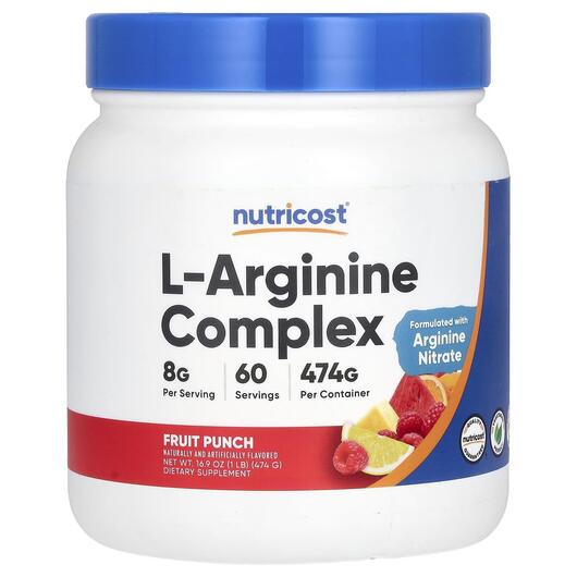 Основне фото товара Nutricost, L-Arginine Complex Fruit Punch, L-Аргінін, 474 г