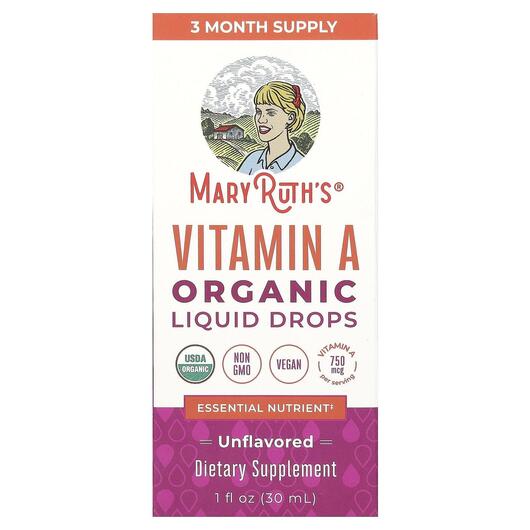 Основне фото товара Organic Vitamin A Liquid Drops Unflavored, Вітамін А Ретінол, 30 