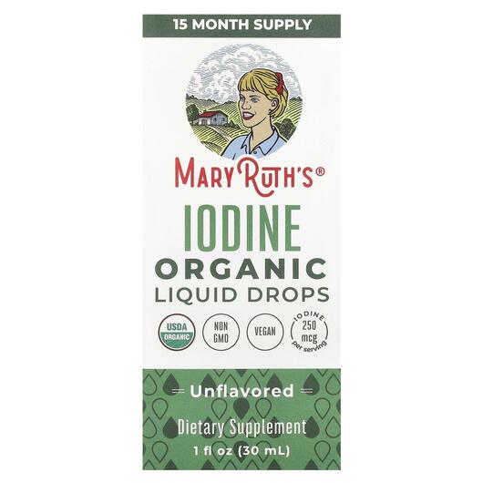 Основне фото товара Organic Iodine Liquid Drops Unflavored, Йод 250 мкг в краплях, 30