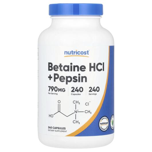 Основне фото товара Nutricost, Betaine HCl + Pepsin, Бетаїн Гідрохлорид, 240 капсул
