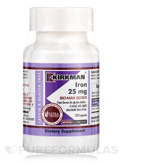 Основне фото товара Kirkman, Iron 25 mg Hypoallergenic, Залізо, 120 капсул