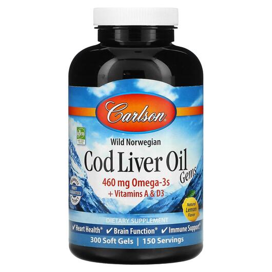 Основне фото товара Wild Norwegian Cod Liver Oil Gems, Олія печінки тріски, 300 капсу