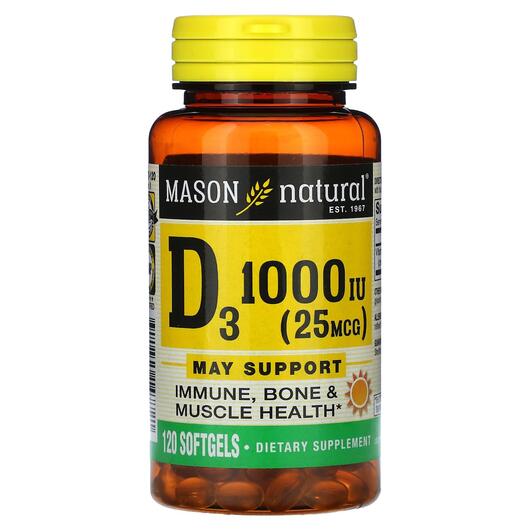 Основне фото товара Vitamin D3 25 mcg 1000 IU, Вітамін D3 Холекальциферол, 120 капсул