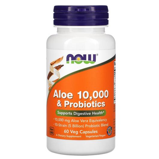 Основне фото товара NOW, Aloe 10000 & Probiotics, Алое вера, 60 капсул
