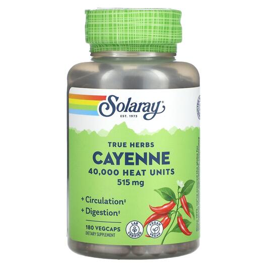 Основне фото товара Solaray, True Herbs Cayenne 515 mg, Перець каєнський, 180 капсул