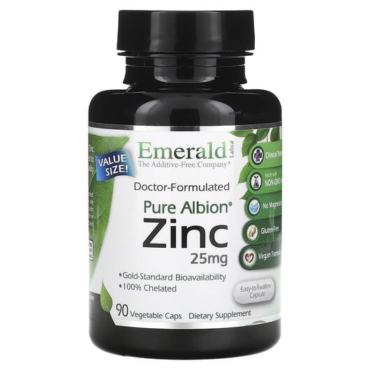 Основне фото товара Emerald, Pure Albion Zinc 25 mg, Цинк, 90 капсул