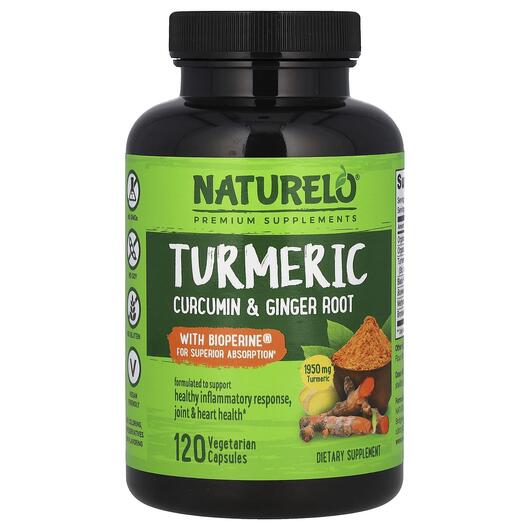 Основне фото товара Naturelo, Turmeric Curcumin & Ginger Root, Куркумін, 120 капс