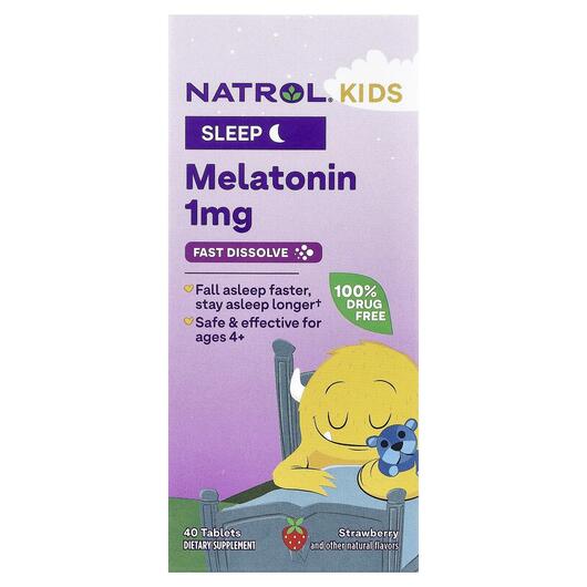 Основне фото товара Kids Melatonin Ages 4 & Up Strawberry, Мелатонін, 40 таблеток