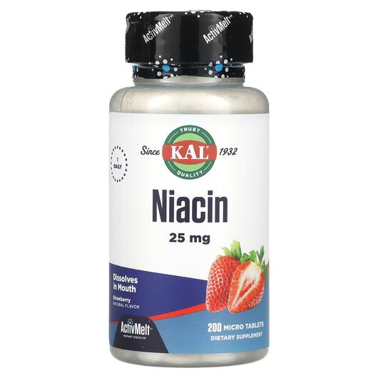 Основне фото товара KAL, Niacin Strawberry 25 mg, Вітамін B3 Ніацин, 200 таблеток