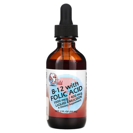 Основне фото товара World Organic, B-12 With Folic Acid, Вітамін B12 Кобаламін, 59 мл