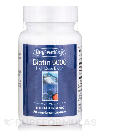 Основне фото товара Allergy Research Group, Biotin 5000, Вітамін B7 Біотин, 60 капсул