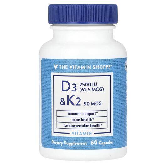 Основне фото товара TheVitaminShoppe, D3 & K2, Вітамін D3 Холекальциферол, 60 кап