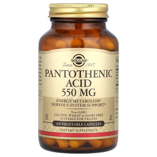 Основне фото товара Solgar, Pantothenic Acid, Пантотенова кислота 550 мг, 100 капсул