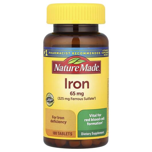 Основне фото товара Nature Made, Iron 65 mg, Залізо, 180 таблеток
