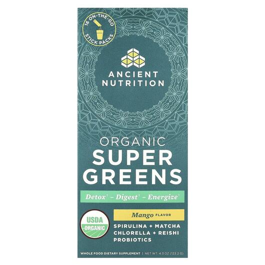 Основне фото товара Ancient Nutrition, Organic Super Greens Mango, Супергрінс, 16 шт