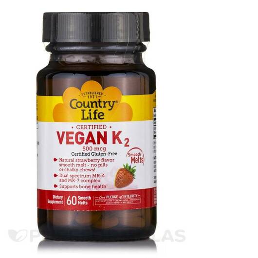 Основне фото товара Vegan K2 500 mcg Strawberry Flavor, Вітамін K2, 60 Smooth Melts
