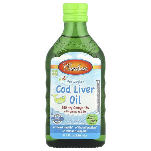 Основне фото товара Kids Cod Liver Oil Green Apple, Олія печінки тріски, 250 мл
