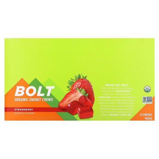 Основне фото товара Bolt Organic Energy Chews Strawberry, Жувальний енергетик, 12 шт