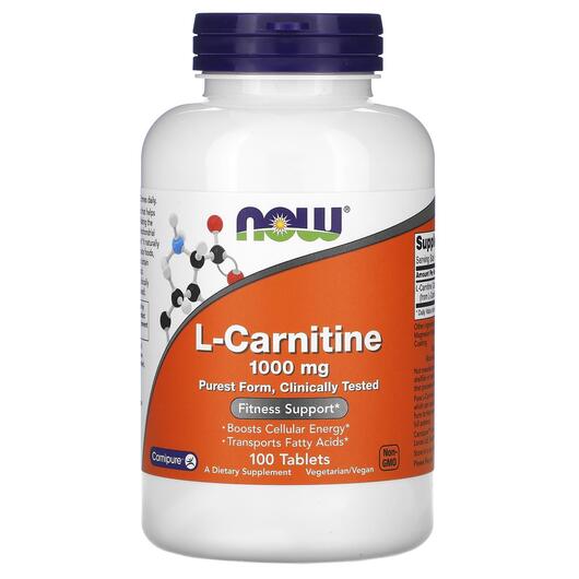 Основне фото товара NOW, L-Carnitine 1000 mg, L карнітин 1000 мг, 100 таблеток
