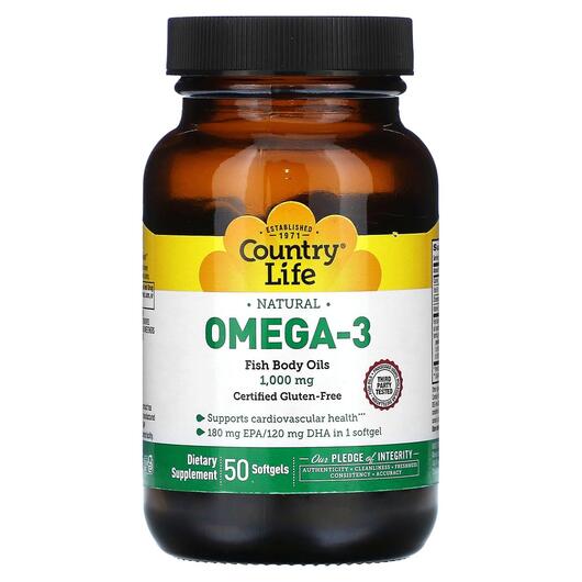 Основне фото товара Country Life, Natural Omega-3 1000 mg, Омега 3, 50 капсул