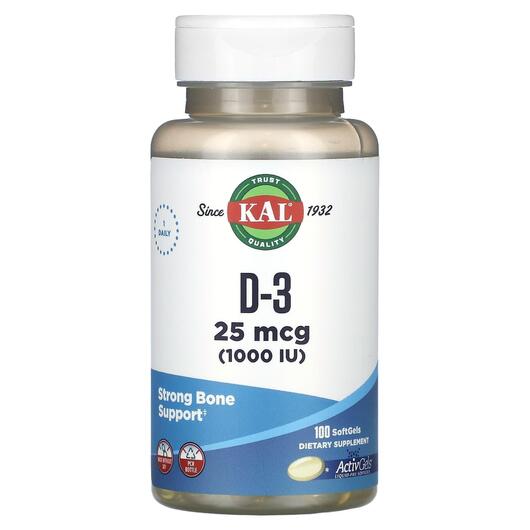 Основне фото товара KAL, D-3 25 mcg 1000 IU, Вітамін D3 Холекальциферол, 100 SoftGels