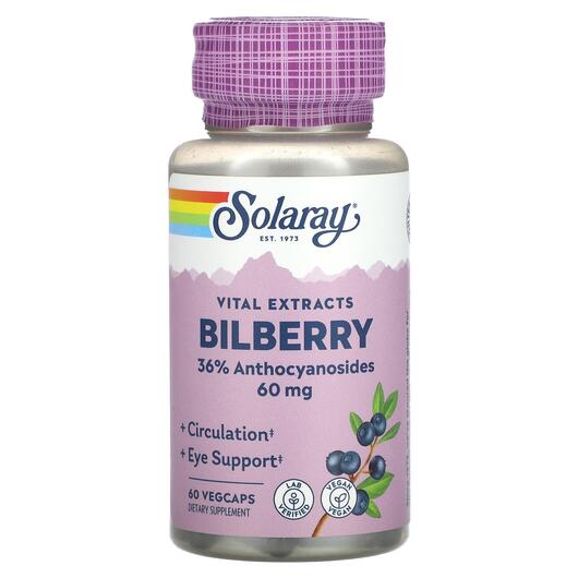 Основне фото товара Solaray, Vital Extracts Bilberry 60 mg, Чорниця, 60 капсул