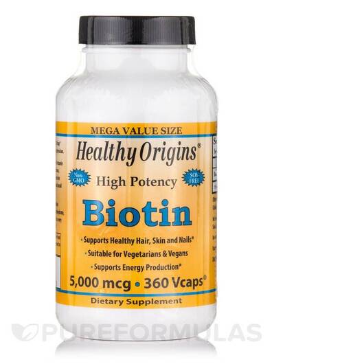 Основне фото товара Healthy Origins, Biotin 5000 mcg, Вітамін B7 Біотин, 360 Vcaps&re