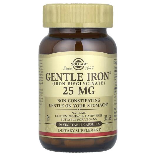 Основне фото товара Solgar, Gentle Iron 25 mg, М'яке залізо, 90 капсул